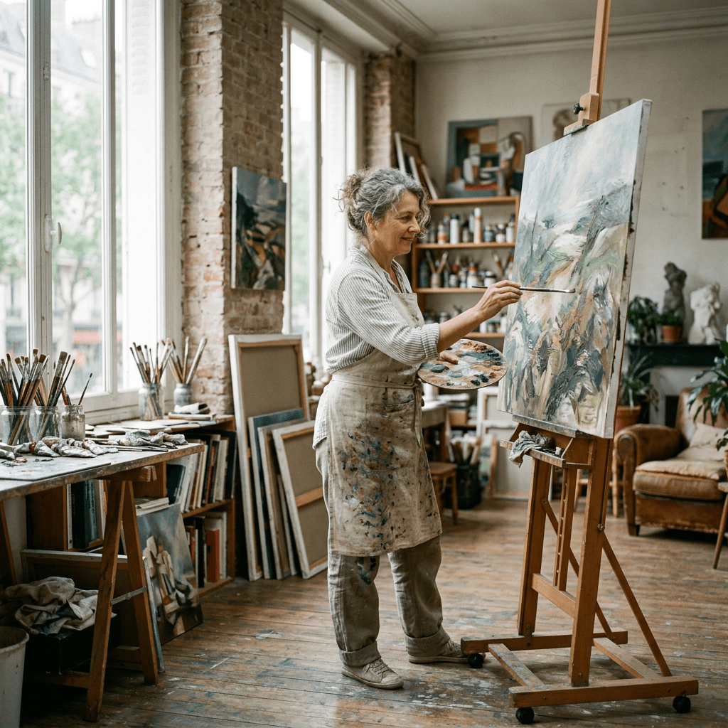 Artist painting an abstract landscape on canvas in a spacious, light-filled studio